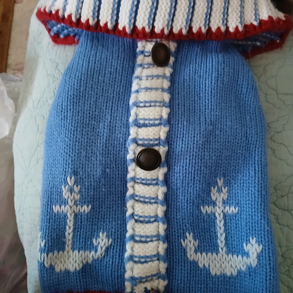 Striped Blue Dog Sweater with Nautical Anchors - Picture 2 of 10